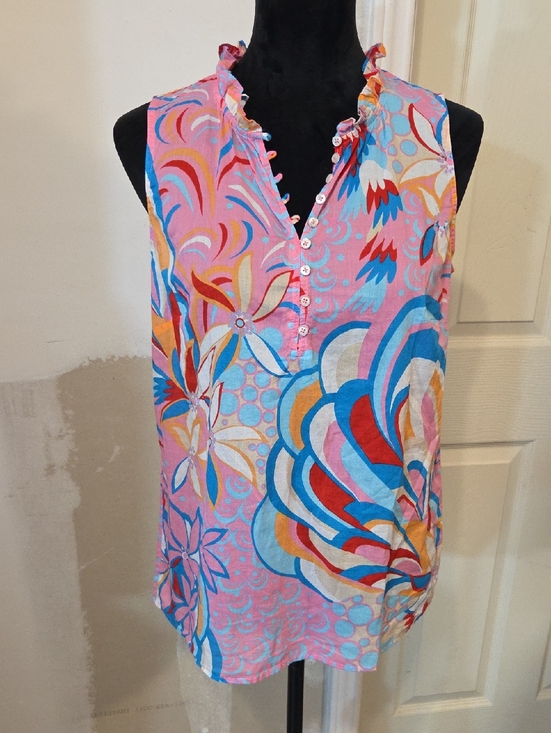 Talbots Tops - Talbots Pink Floral-Print Ruffle Henley Camisole Sleeveless Button Summer Light